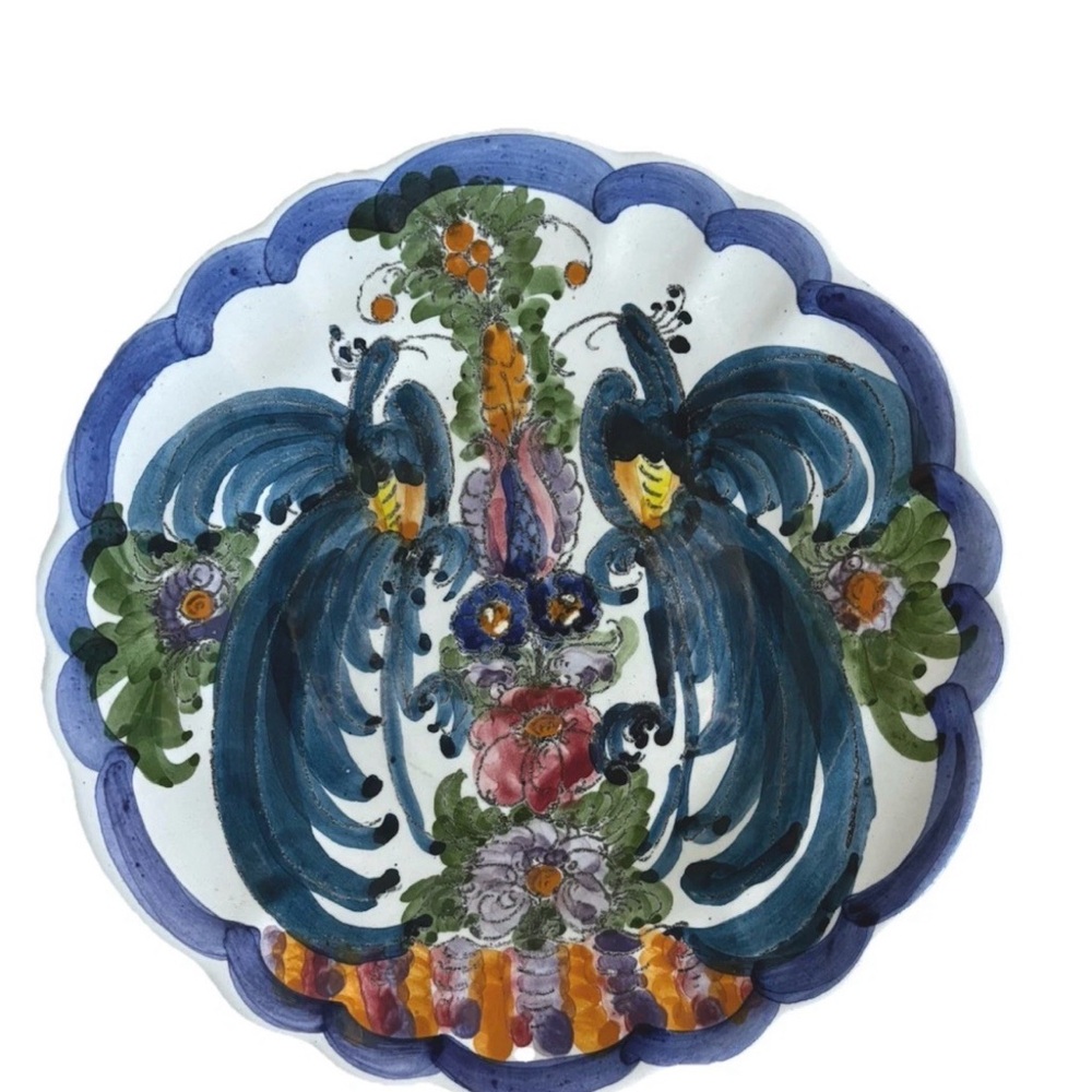Vintage Skyros Greece Hand-Painted Ceramic Plate Blue Peacock 7.5